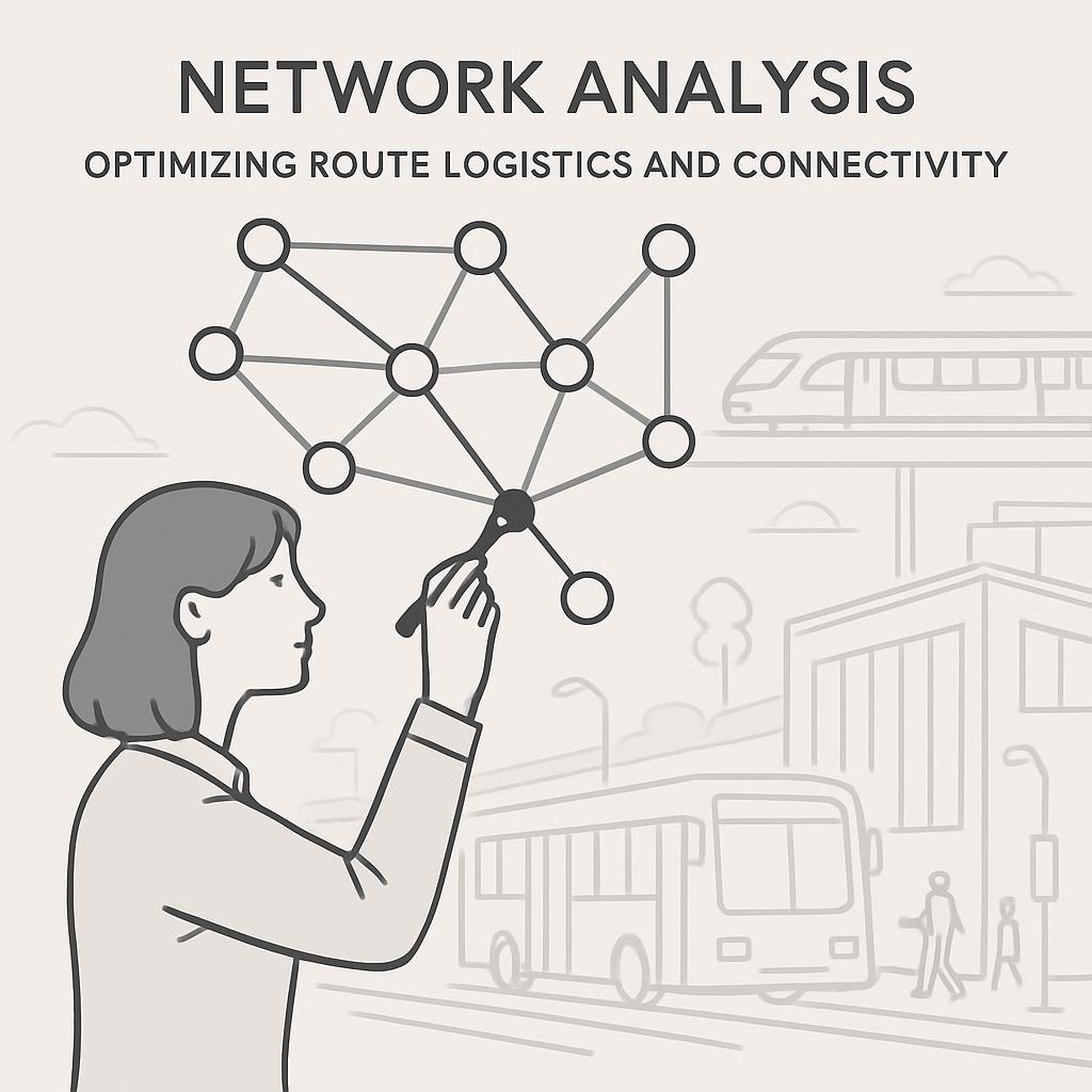 An image of a woman using a network diagram to plot transportation routes on top of a faded image of an expressway featuri...