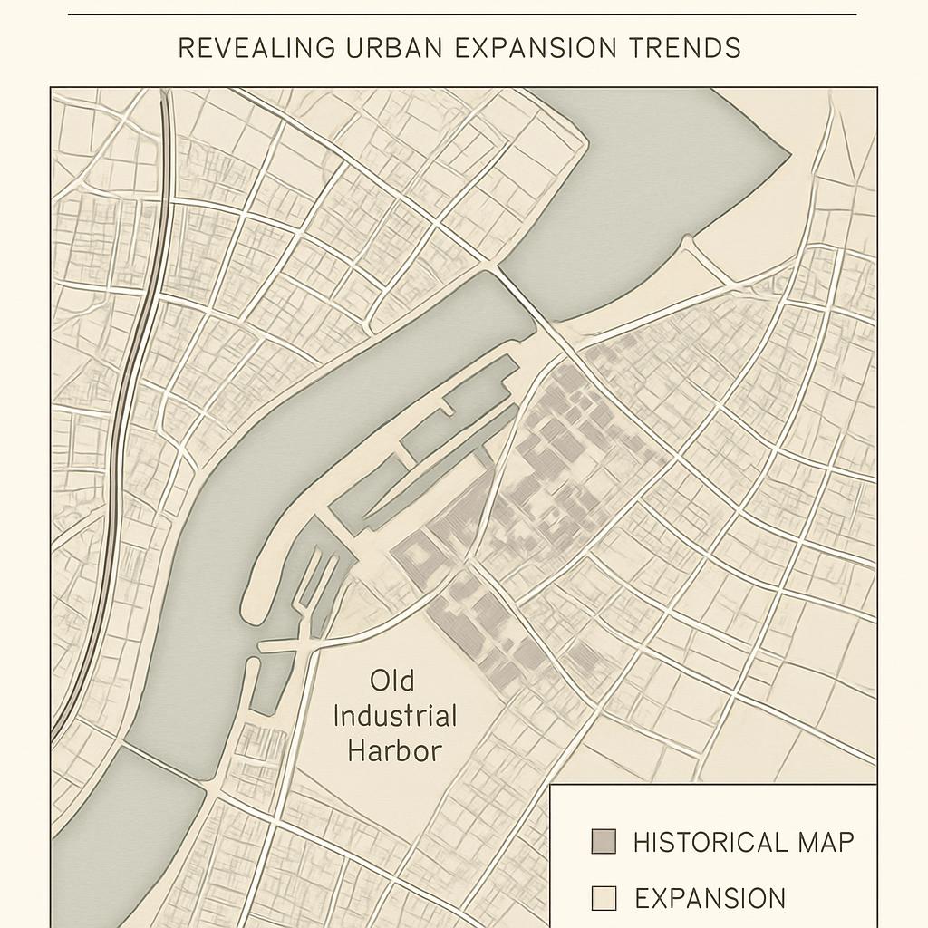 A historic map and site of an urban expansion.