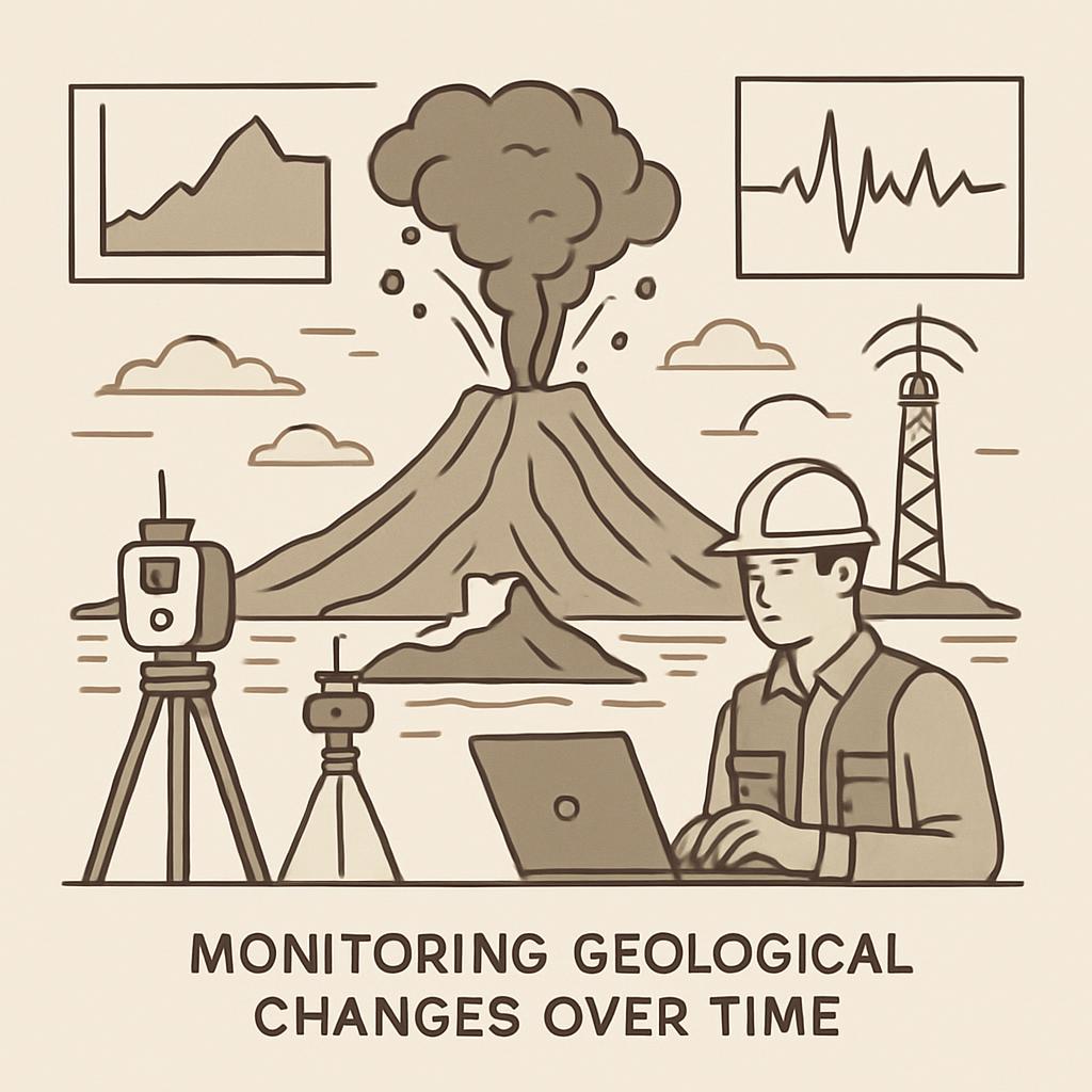 A man working, with a volcano in the background, accompanied by various geological monitoring devices.